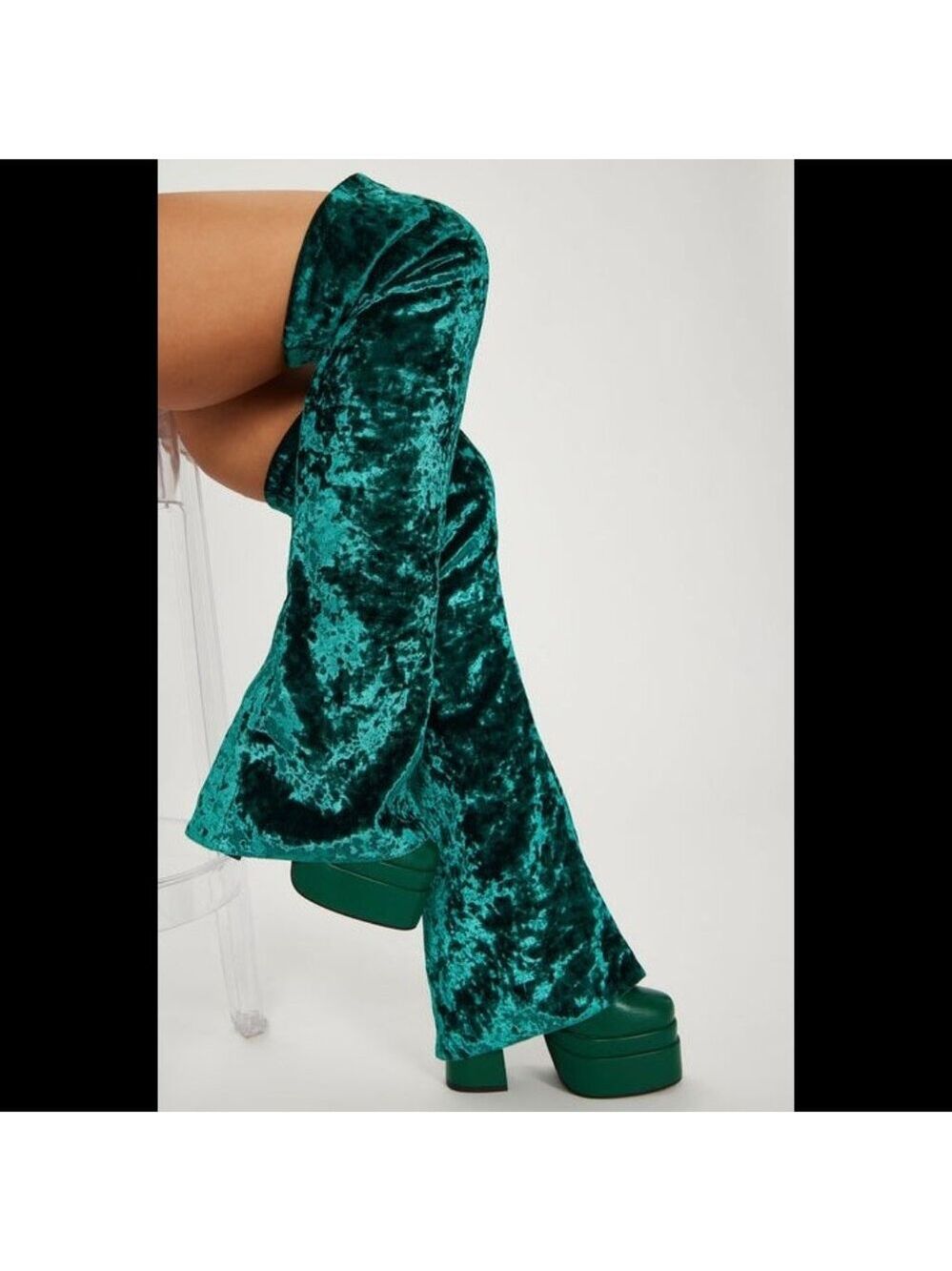 Good Will Unique Thigh High Emerald Velvet Fold over Chunky Heel Platform Boots - Picture 3 of 15